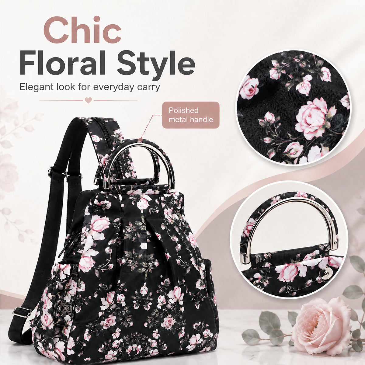 Printed  Floral Backpack Convertible Carryall Bucket Handbag