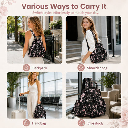 Printed  Floral Backpack Convertible Carryall Bucket Handbag