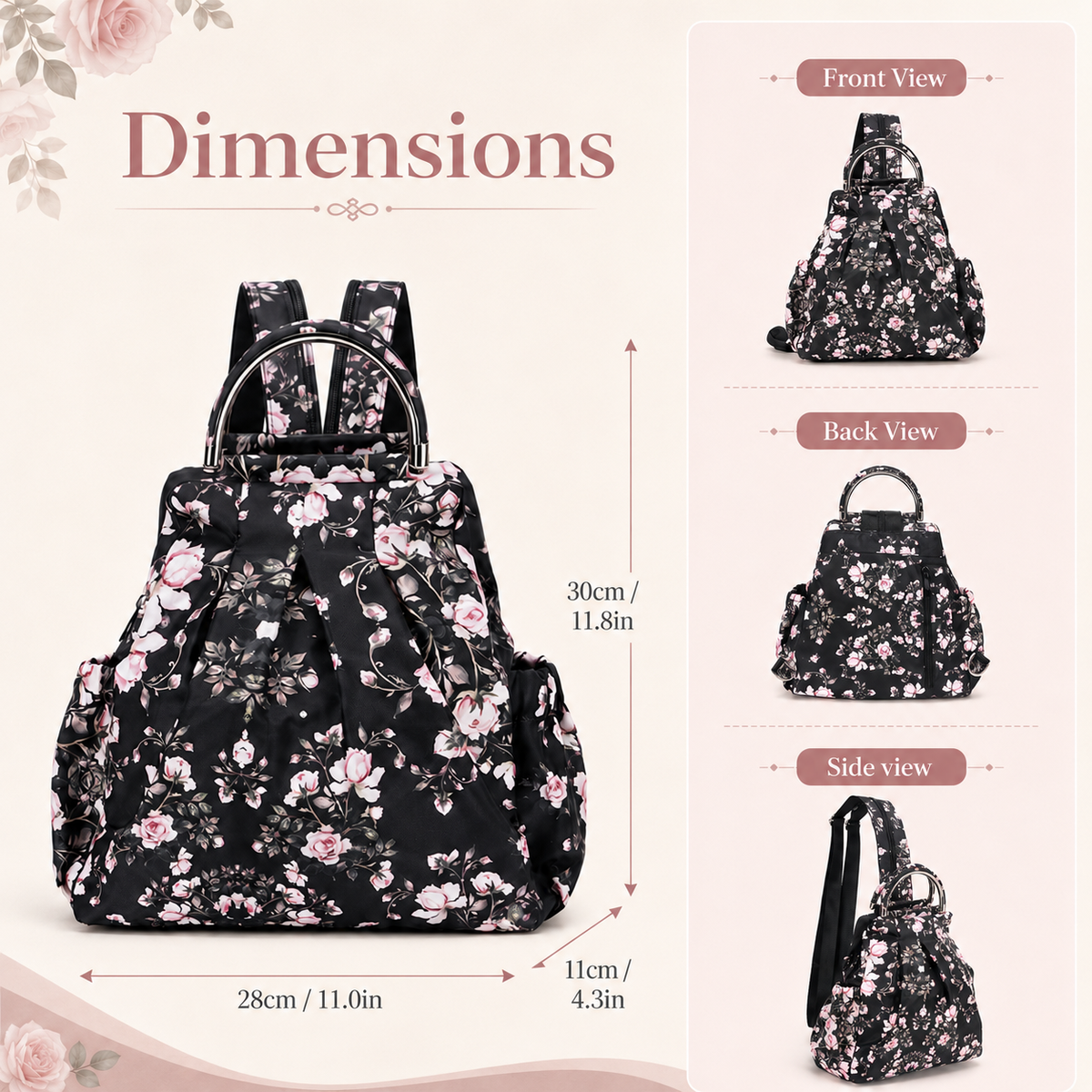 Printed  Floral Backpack Convertible Carryall Bucket Handbag