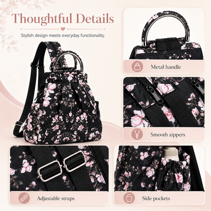 Printed  Floral Backpack Convertible Carryall Bucket Handbag