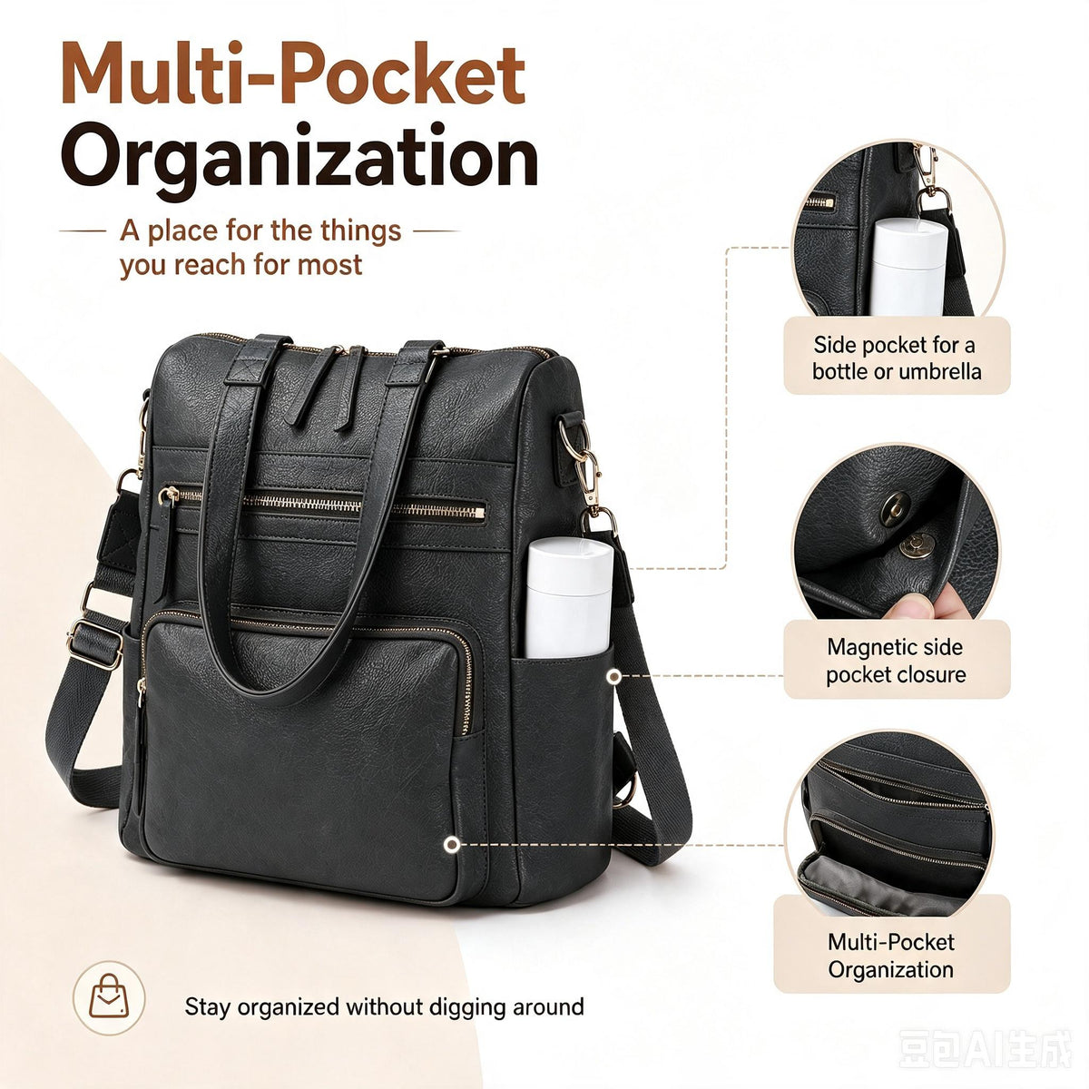 Convertible Backpack Purse Crossbody Tote Bag For Work